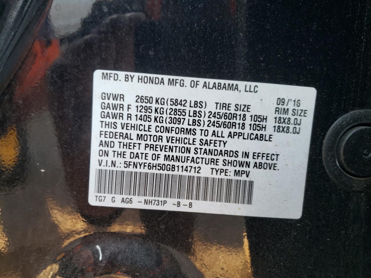 2016 Honda Pilot Exl VIN: 5FNYF6H50GB114712 Lot: 91377975