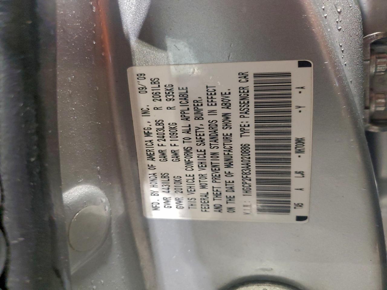 2010 Honda Accord Exl VIN: 1HGCP2F83AA020886 Lot: 94412195