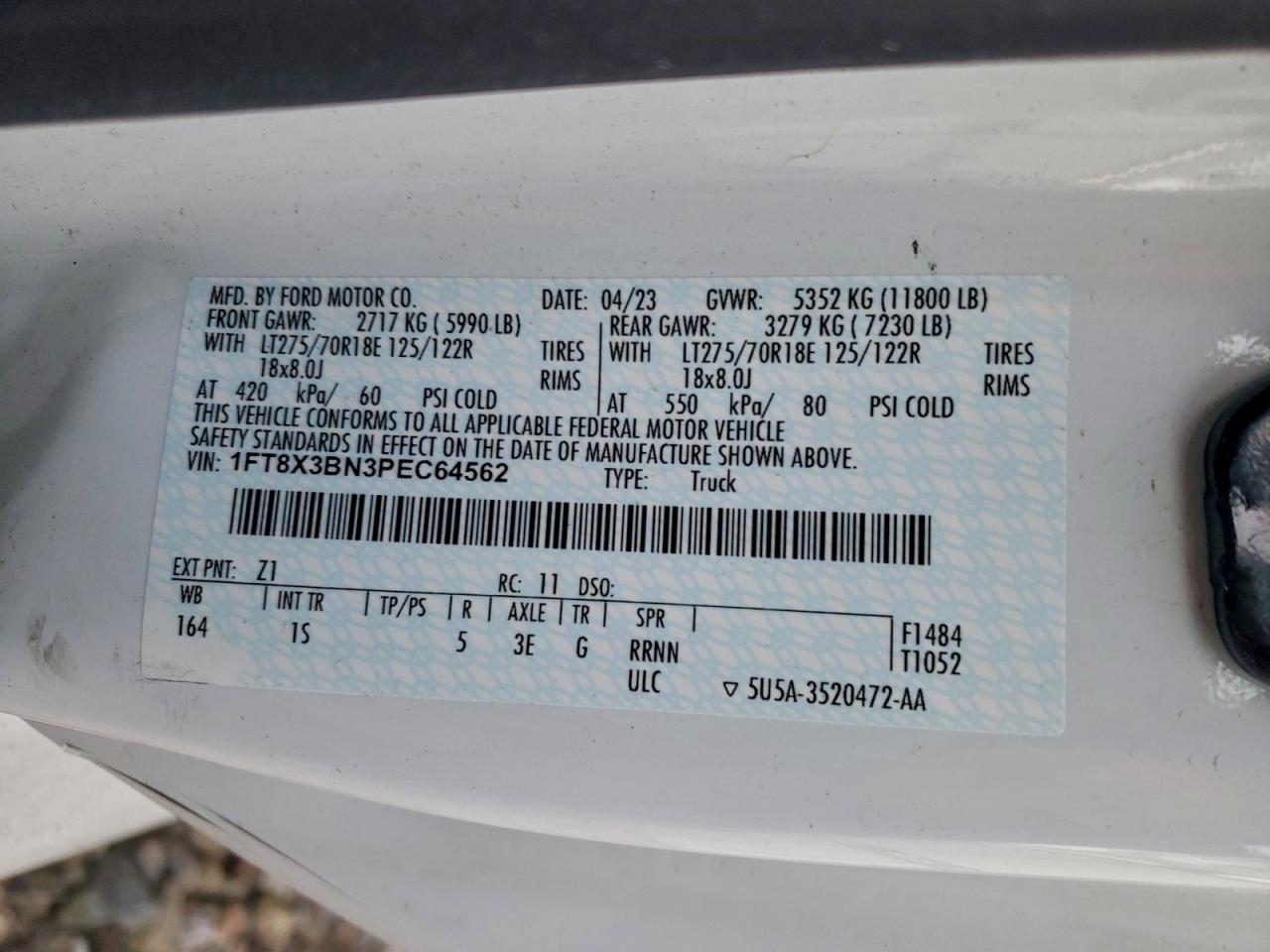 2023 Ford F350 Super Duty VIN: 1FT8X3BN3PEC64562 Lot: 93917215