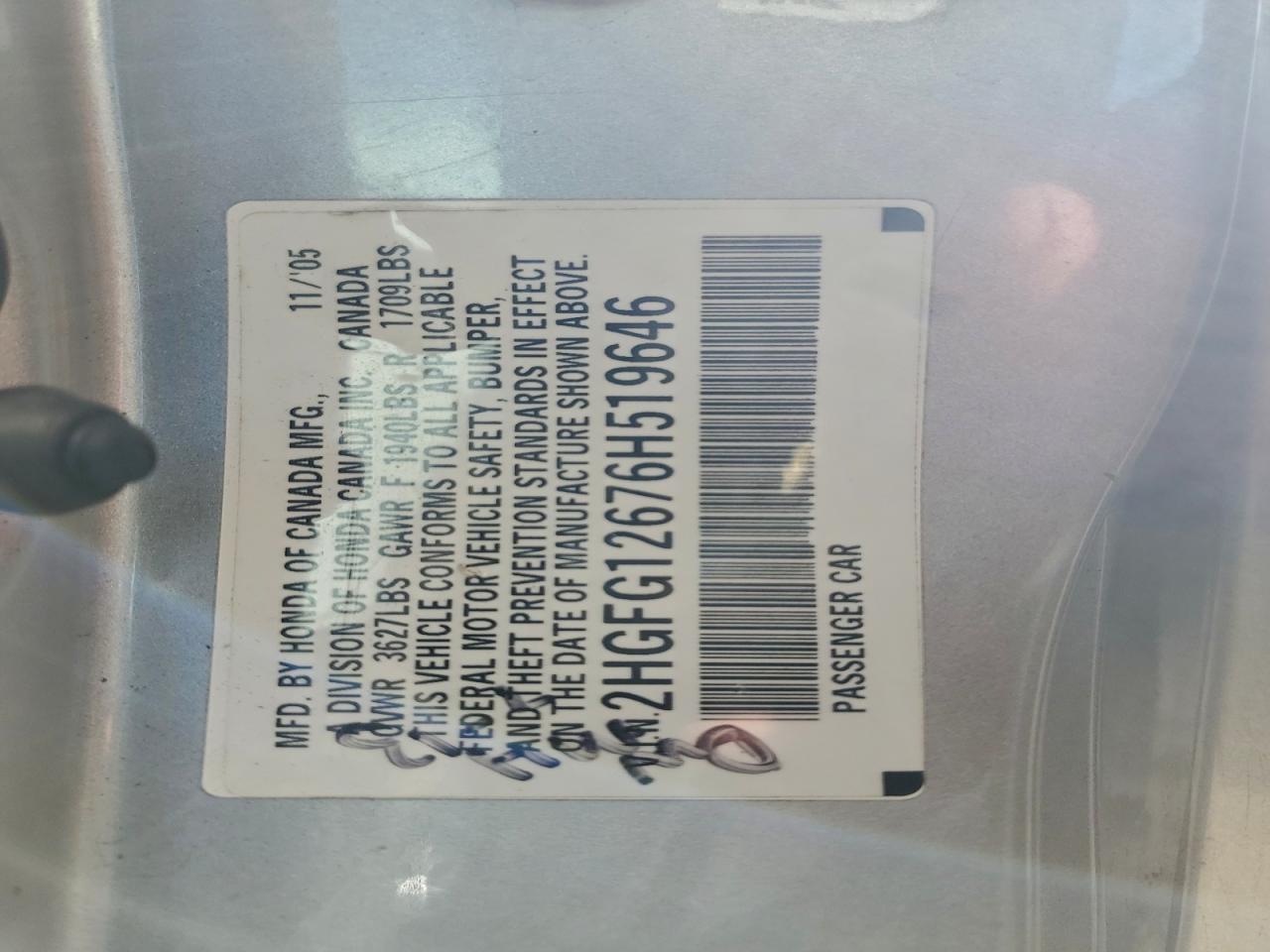 2006 Honda Civic Lx VIN: 2HGFG12676H519646 Lot: 94366115