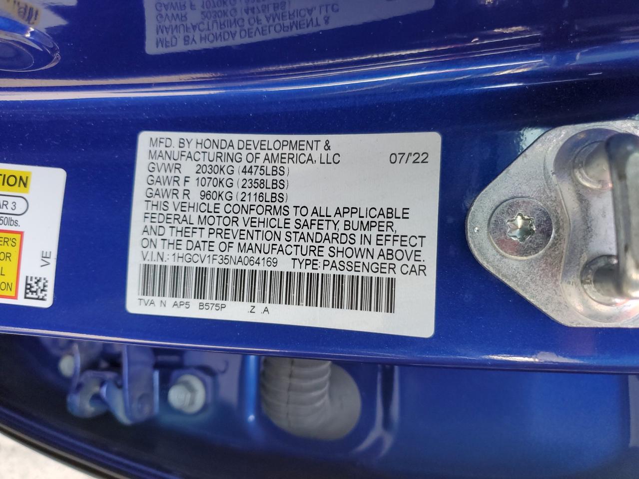 2022 Honda Accord Sport VIN: 1HGCV1F35NA064169 Lot: 91549825