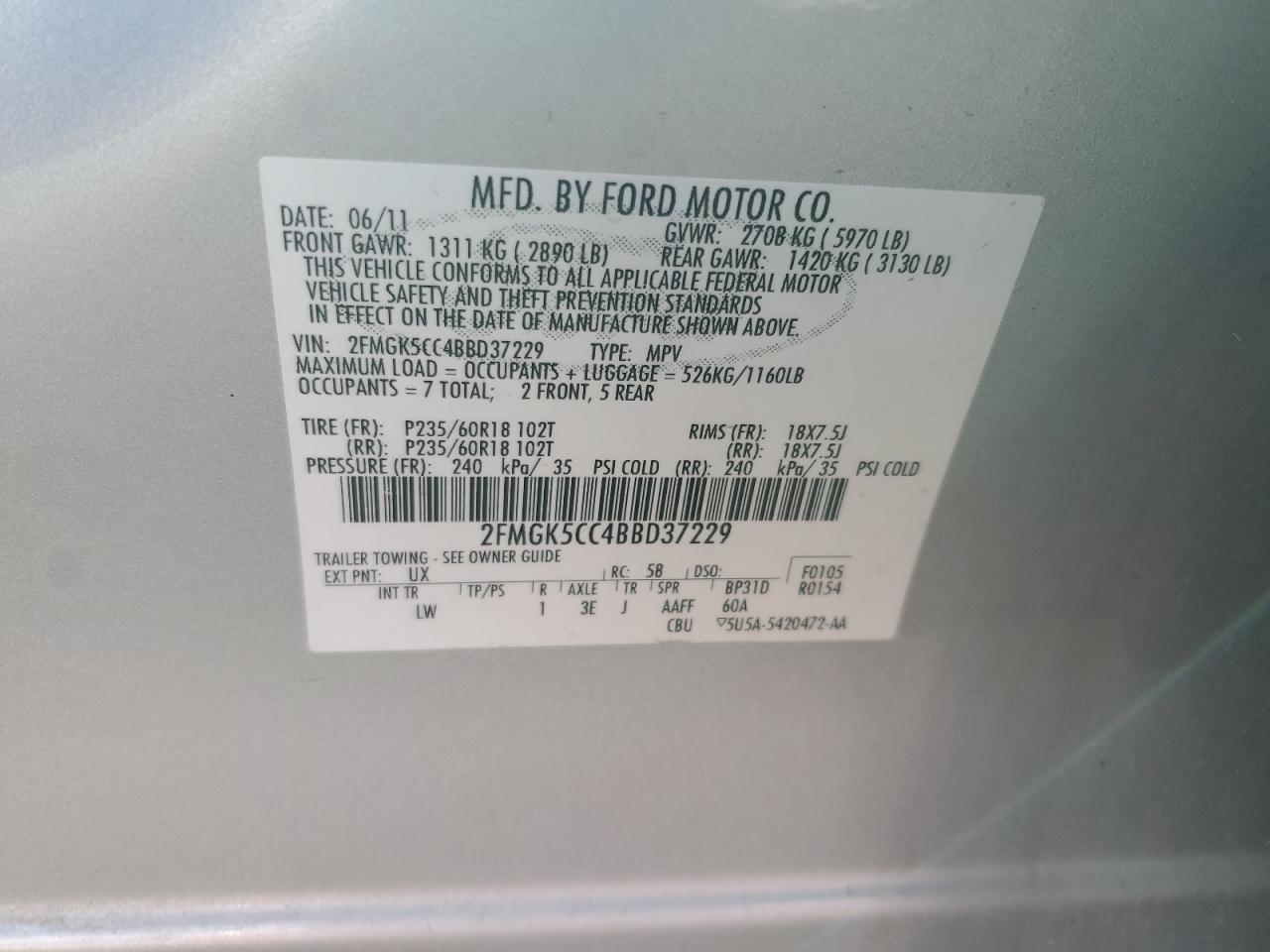 2011 Ford Flex Sel VIN: 2FMGK5CC4BBD37229 Lot: 90865135