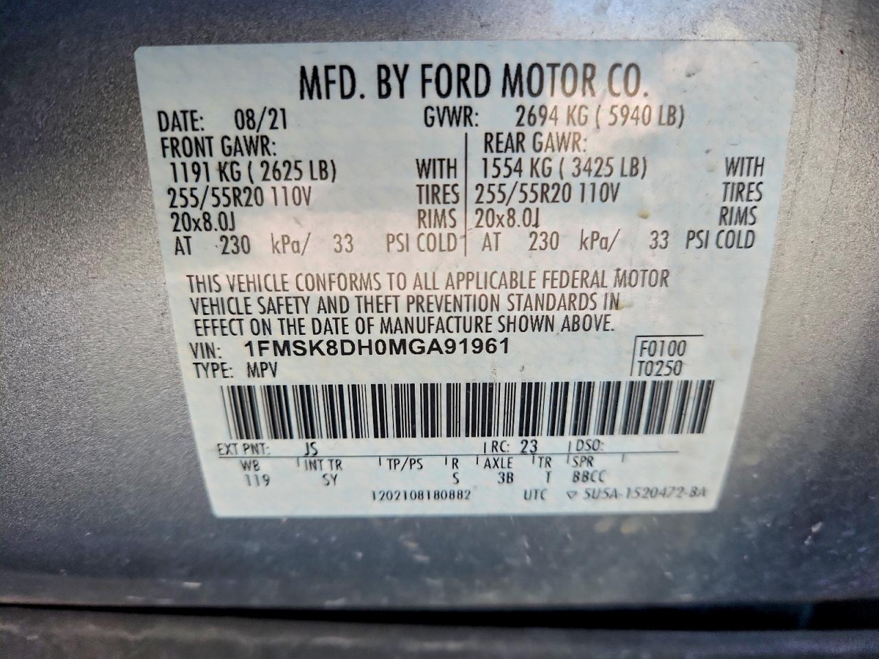 2021 Ford Explorer Xlt VIN: 1FMSK8DH0MGA91961 Lot: 94404435