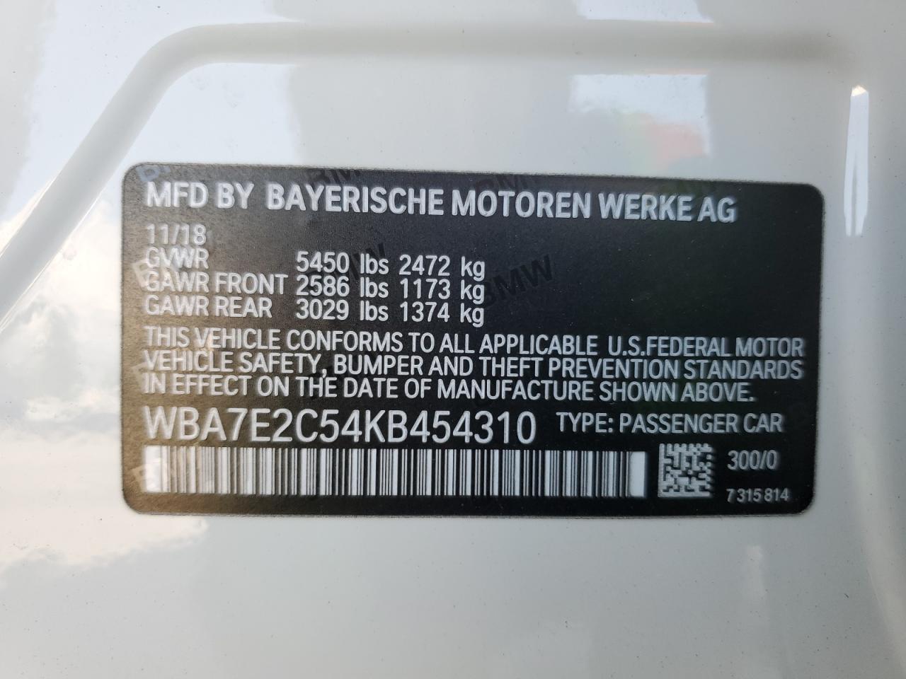 2019 BMW 740 I VIN: WBA7E2C54KB454310 Lot: 92465695