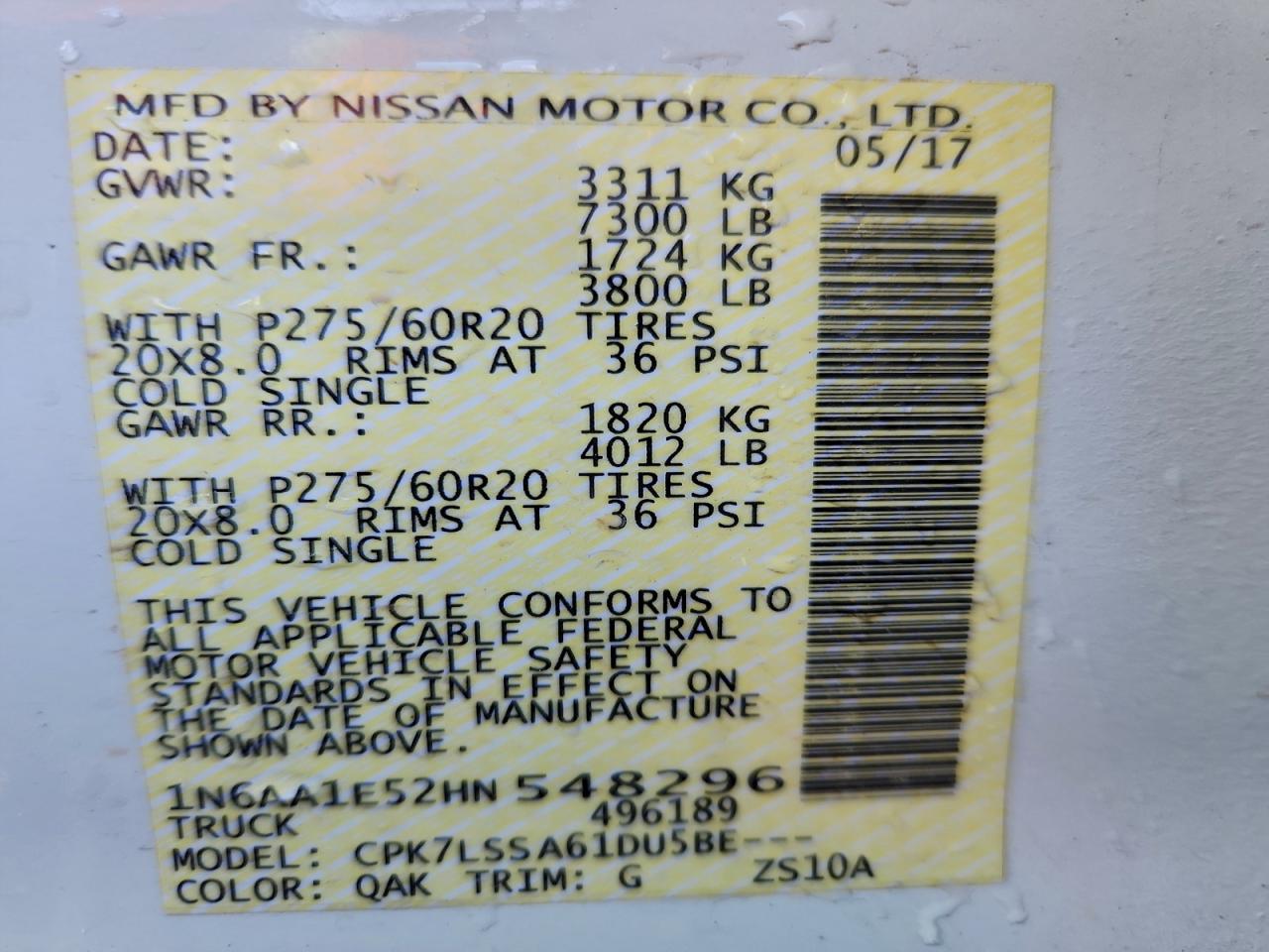 2017 Nissan Titan Sv VIN: 1N6AA1E52HN548296 Lot: 94338205