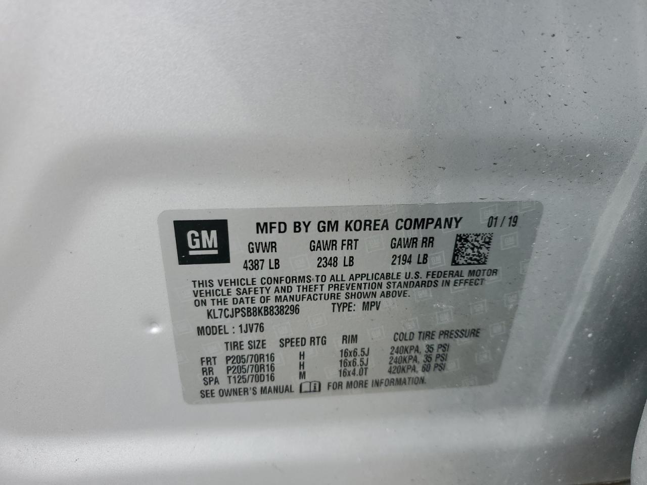 2019 Chevrolet Trax 1Lt VIN: KL7CJPSB8KB838296 Lot: 89915955