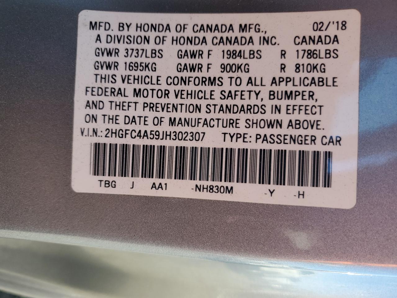 2018 Honda Civic Lx VIN: 2HGFC4A59JH302307 Lot: 90145555