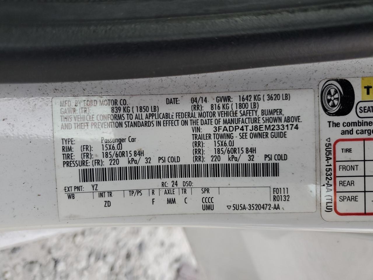 2014 Ford Fiesta S VIN: 3FADP4TJ8EM233174 Lot: 93530505