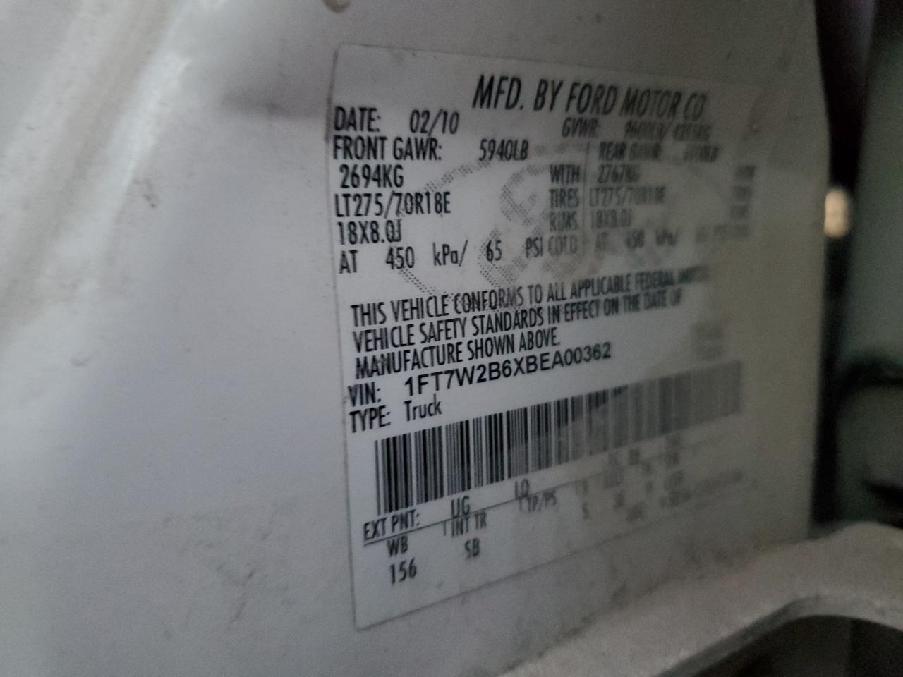 2011 Ford F250 Super Duty VIN: 1FT7W2B6XBEA00362 Lot: 91841505