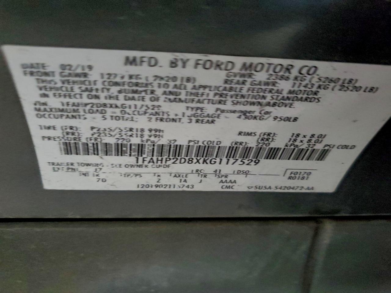 2019 Ford Taurus Se VIN: 1FAHP2D8XKG117529 Lot: 94221755