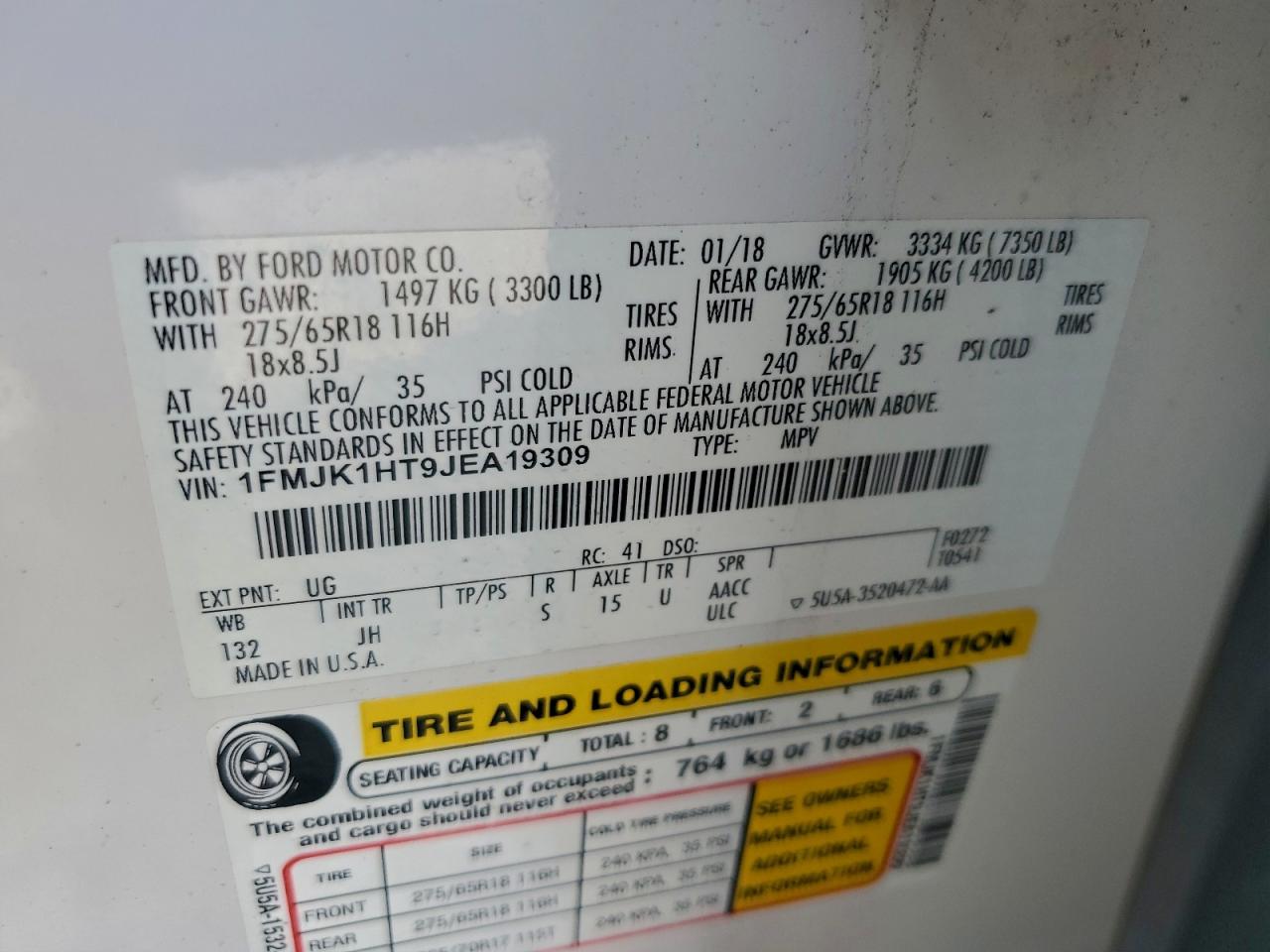 2018 Ford Expedition Max Xlt VIN: 1FMJK1HT9JEA19309 Lot: 93254525