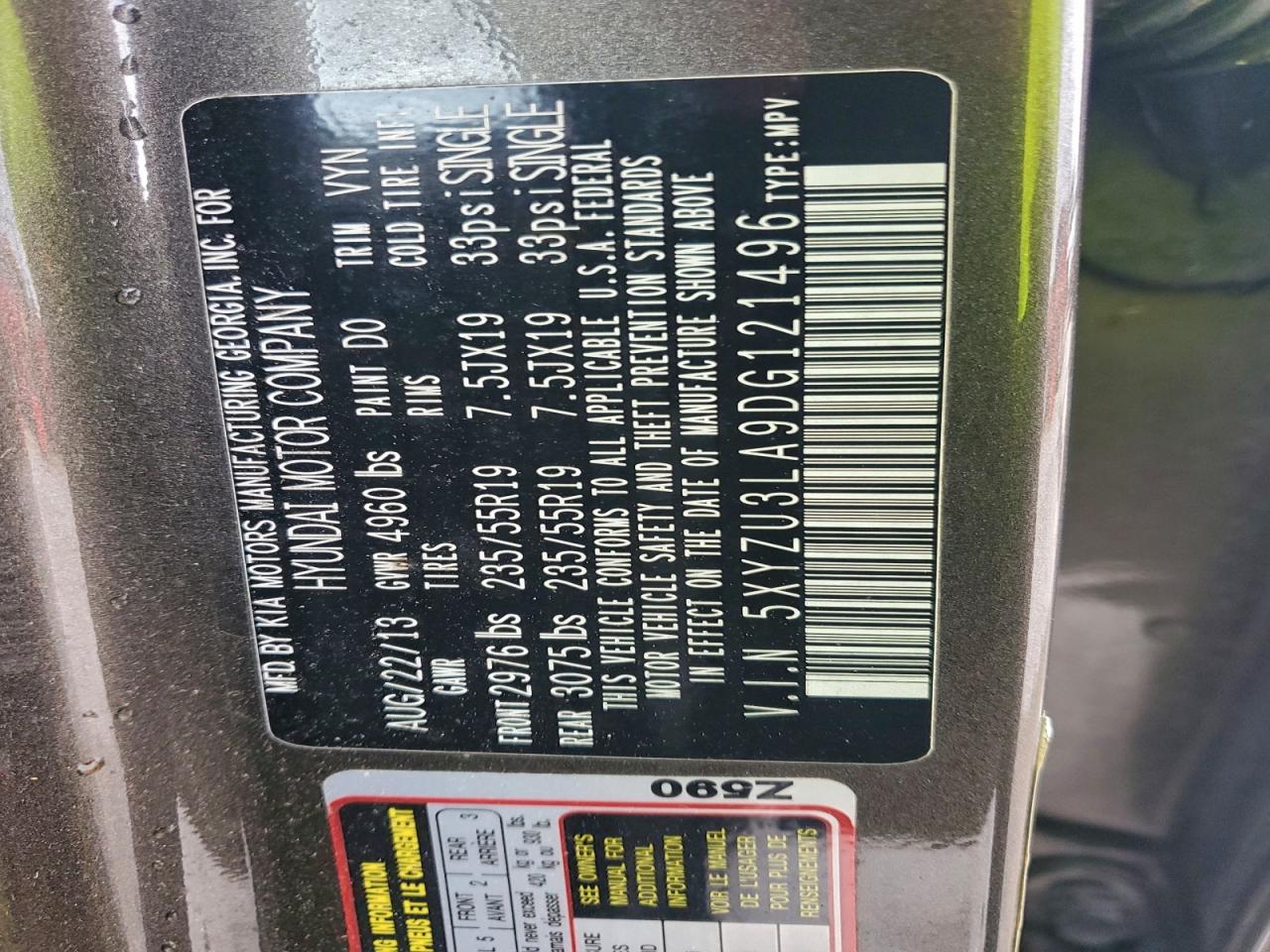 2013 Hyundai Santa Fe Sport VIN: 5XYZU3LA9DG121496 Lot: 94194565