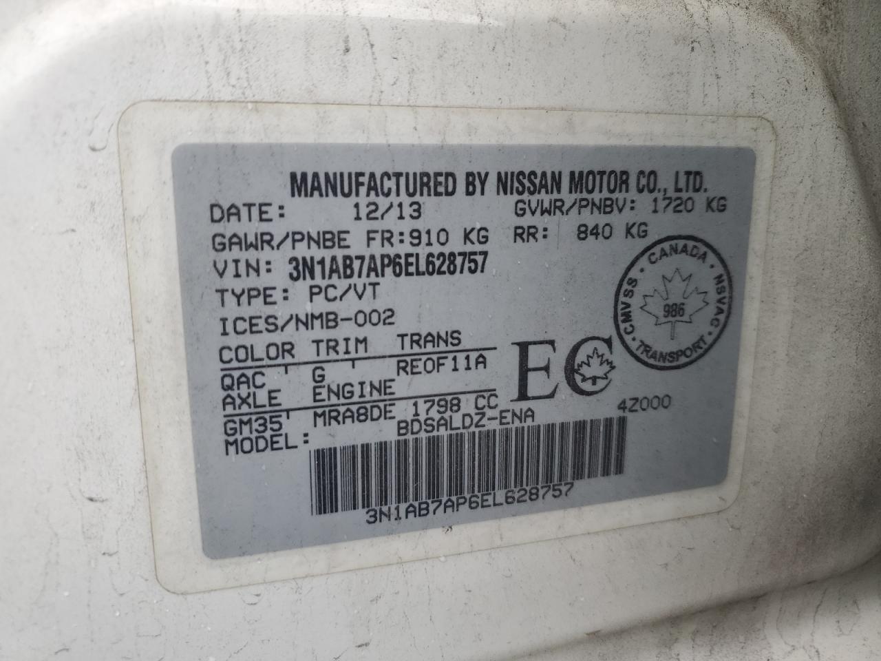 2014 Nissan Sentra S VIN: 3N1AB7AP6EL628757 Lot: 91379585