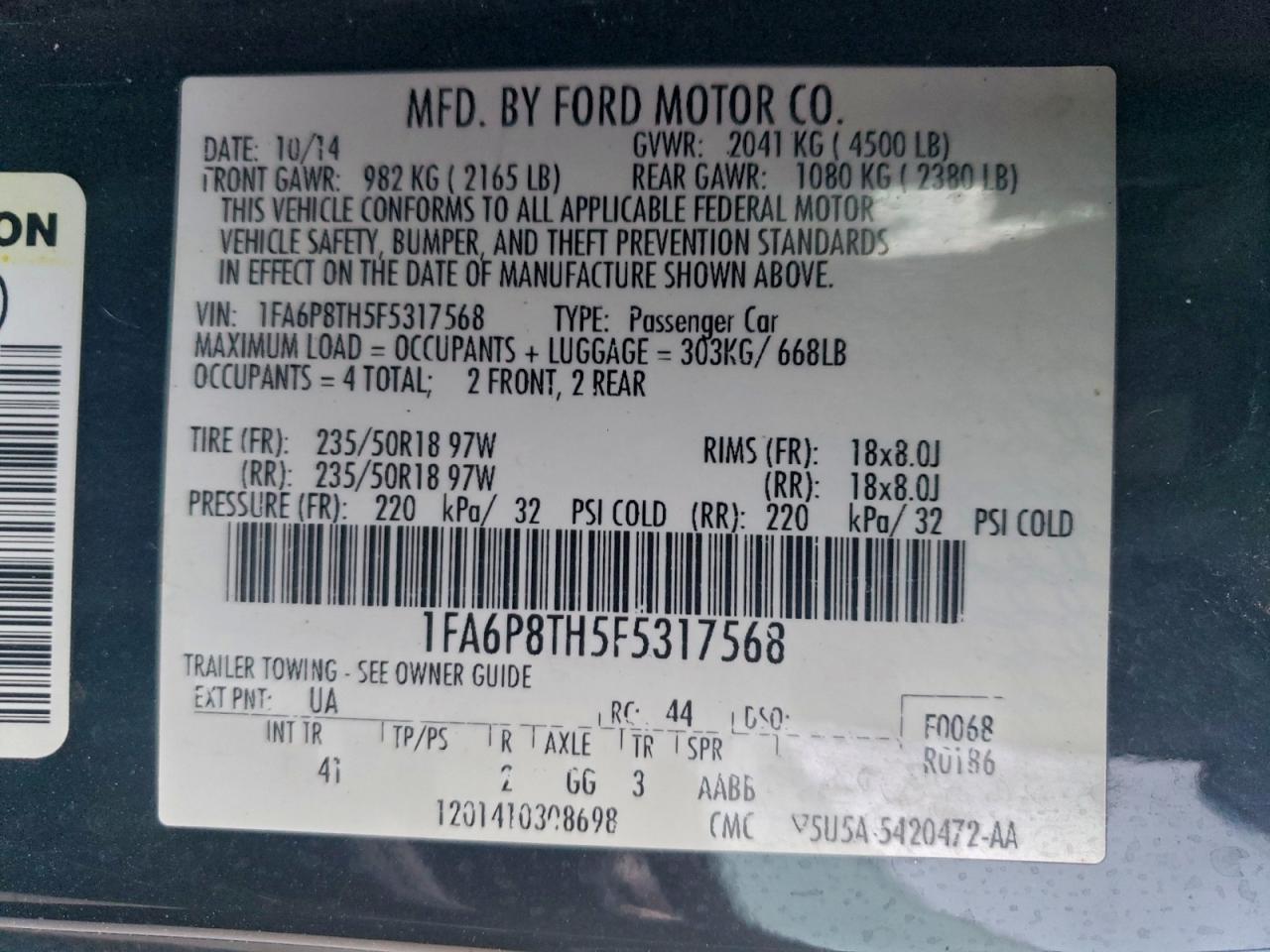 2015 Ford Mustang VIN: 1FA6P8TH5F5317568 Lot: 94542375