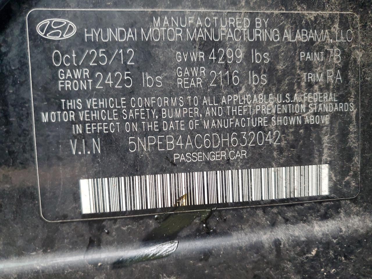 2013 Hyundai Sonata Gls VIN: 5NPEB4AC6DH632042 Lot: 93325485