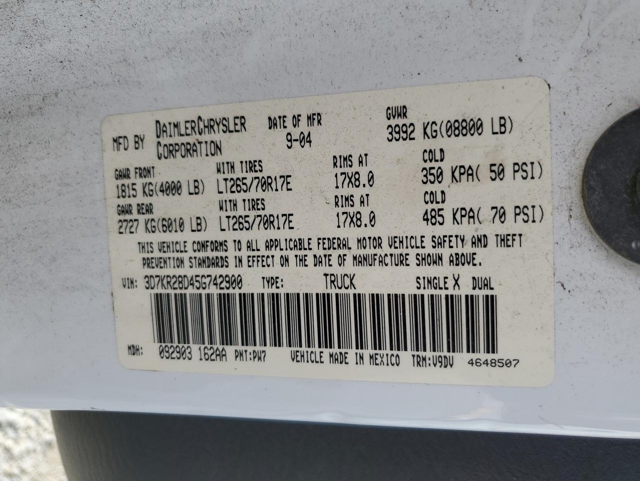 2005 Dodge Ram 2500 St VIN: 3D7KR28D45G742900 Lot: 92840155