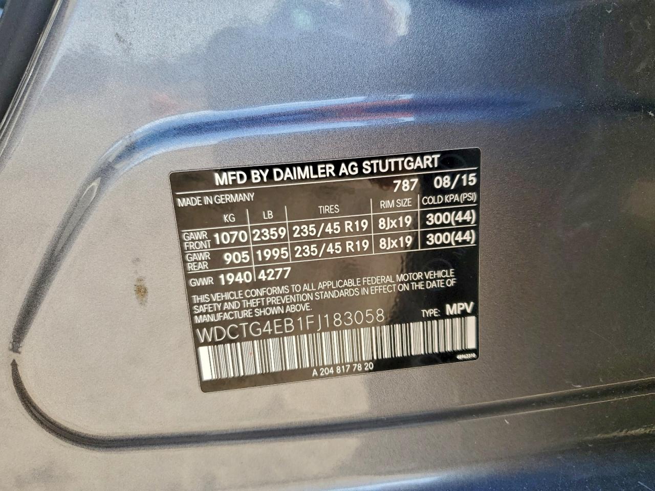 2015 Mercedes-Benz Gla 250 VIN: WDCTG4EB1FJ183058 Lot: 94297405