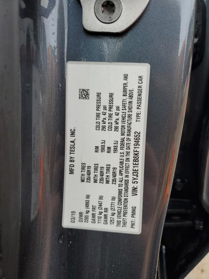 2019 Tesla Model 3 VIN: 5YJ3E1EB8KF194652 Lot: 90687285