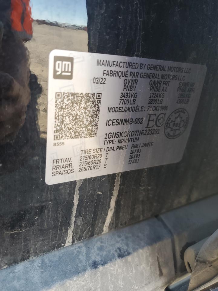 2022 Chevrolet Suburban K1500 Lt VIN: 1GNSKCKD7NR233291 Lot: 91374255