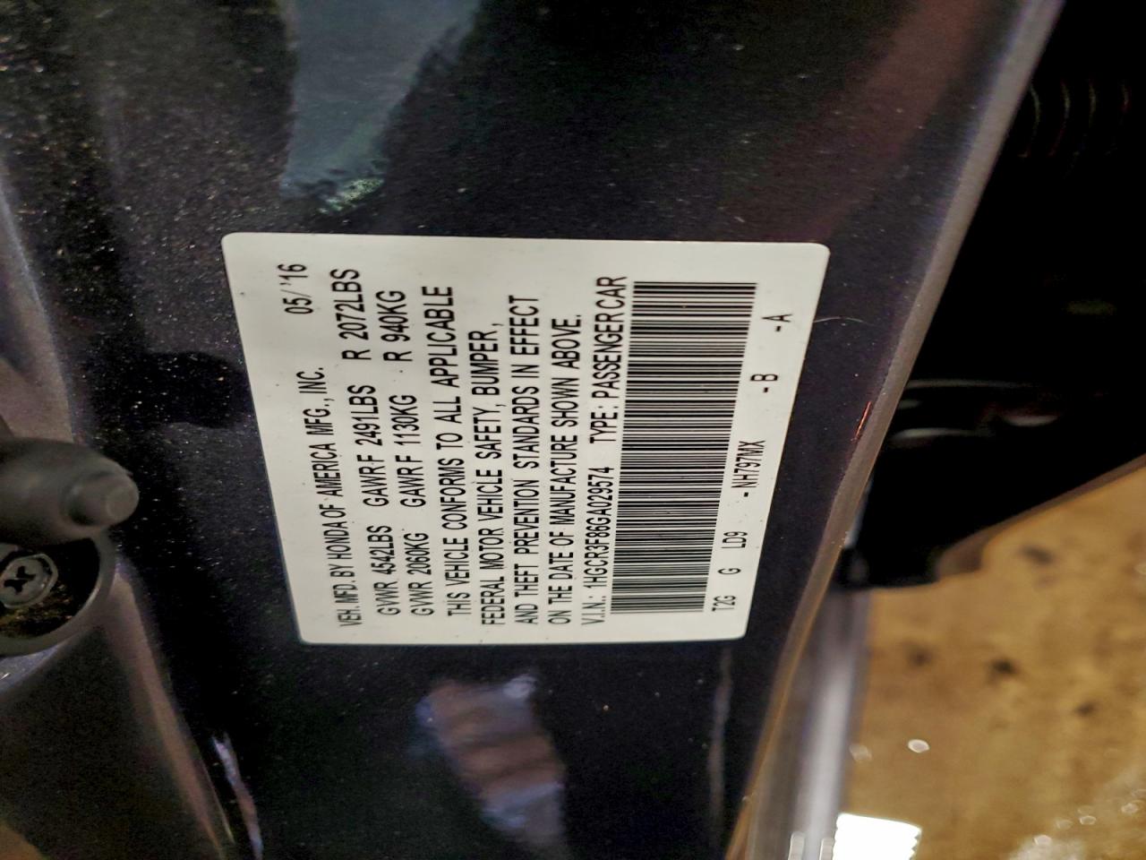 2016 Honda Accord Exl VIN: 1HGCR3F86GA029574 Lot: 93815585