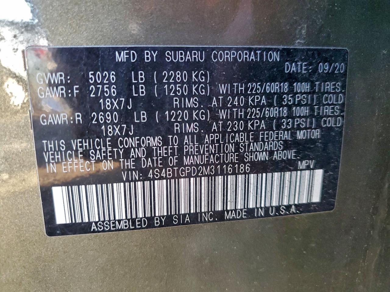 2021 Subaru Outback Touring VIN: 4S4BTGPD2M3116186 Lot: 93759395