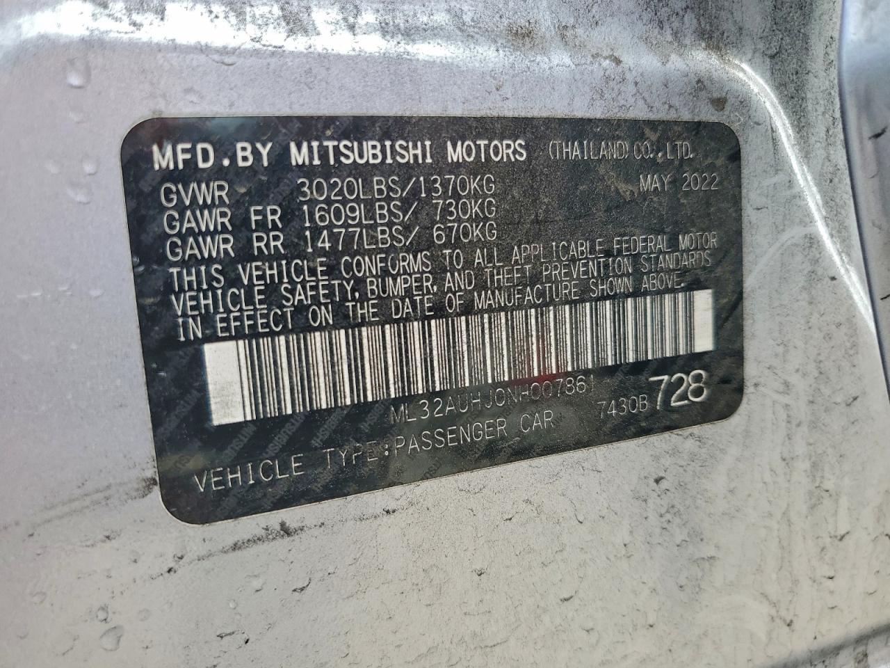 2022 Mitsubishi Mirage Es VIN: ML32AUHJ0NH007861 Lot: 93834495