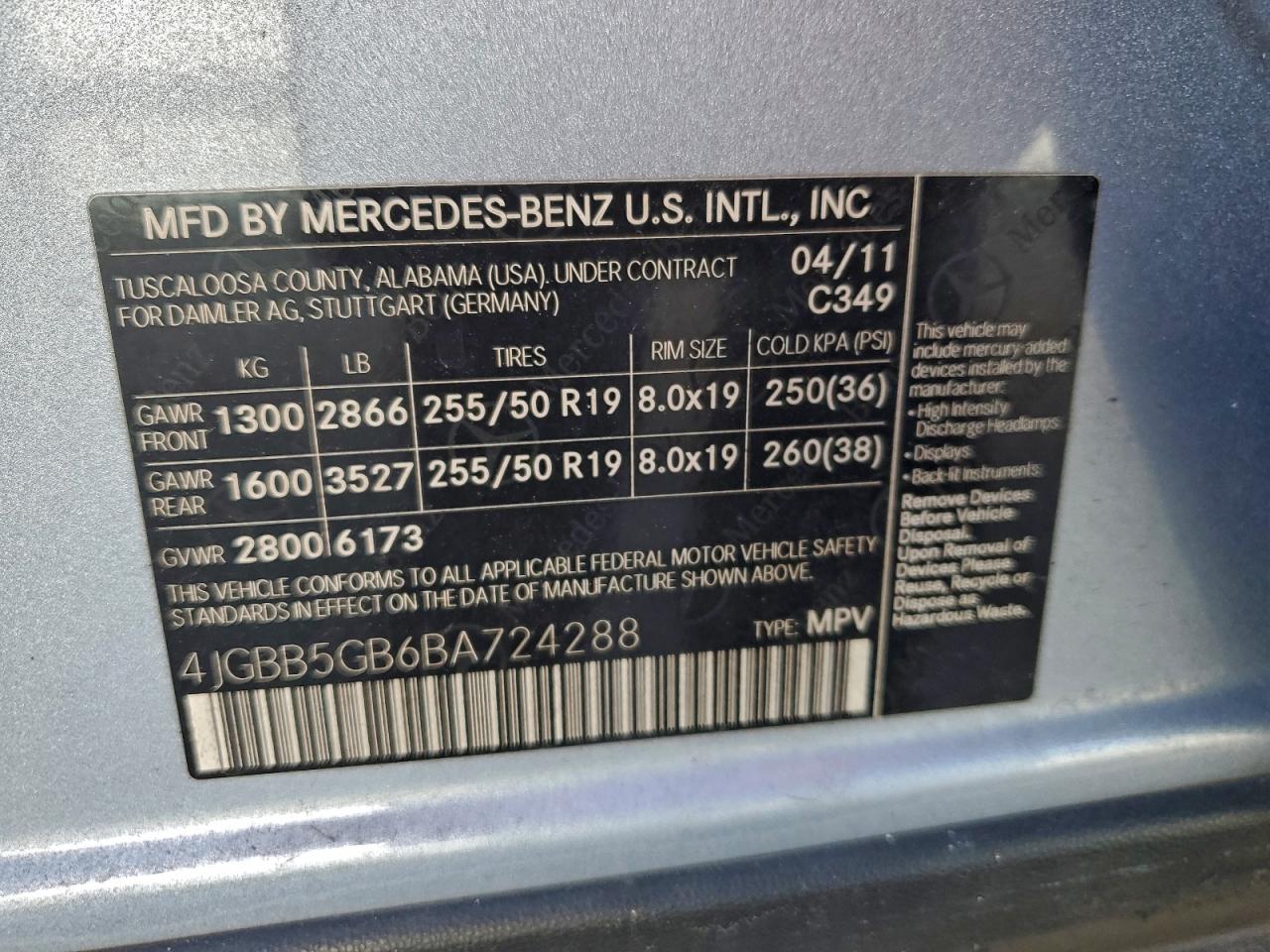 2011 Mercedes-Benz Ml 350 VIN: 4JGBB5GB6BA724288 Lot: 92902205