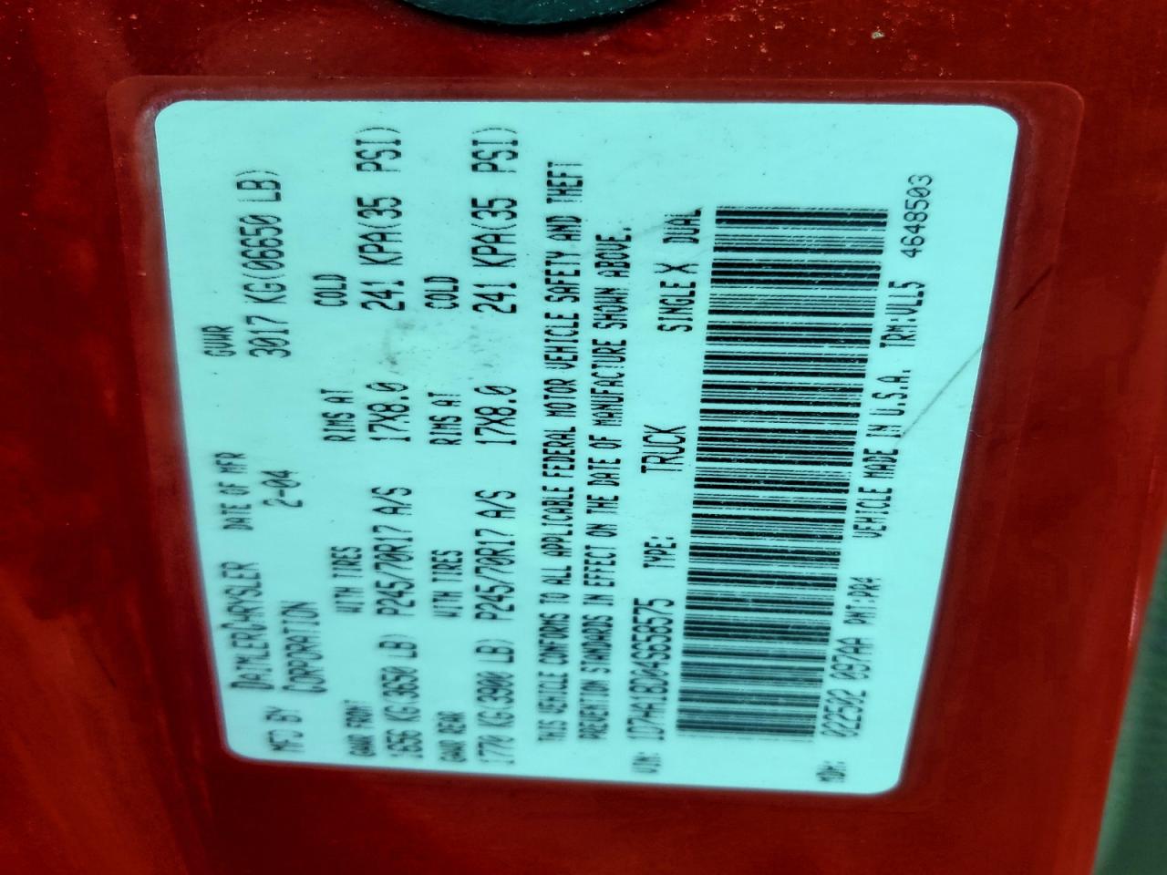 2004 Dodge Ram 1500 St VIN: 1D7HA18D04S658575 Lot: 94334935