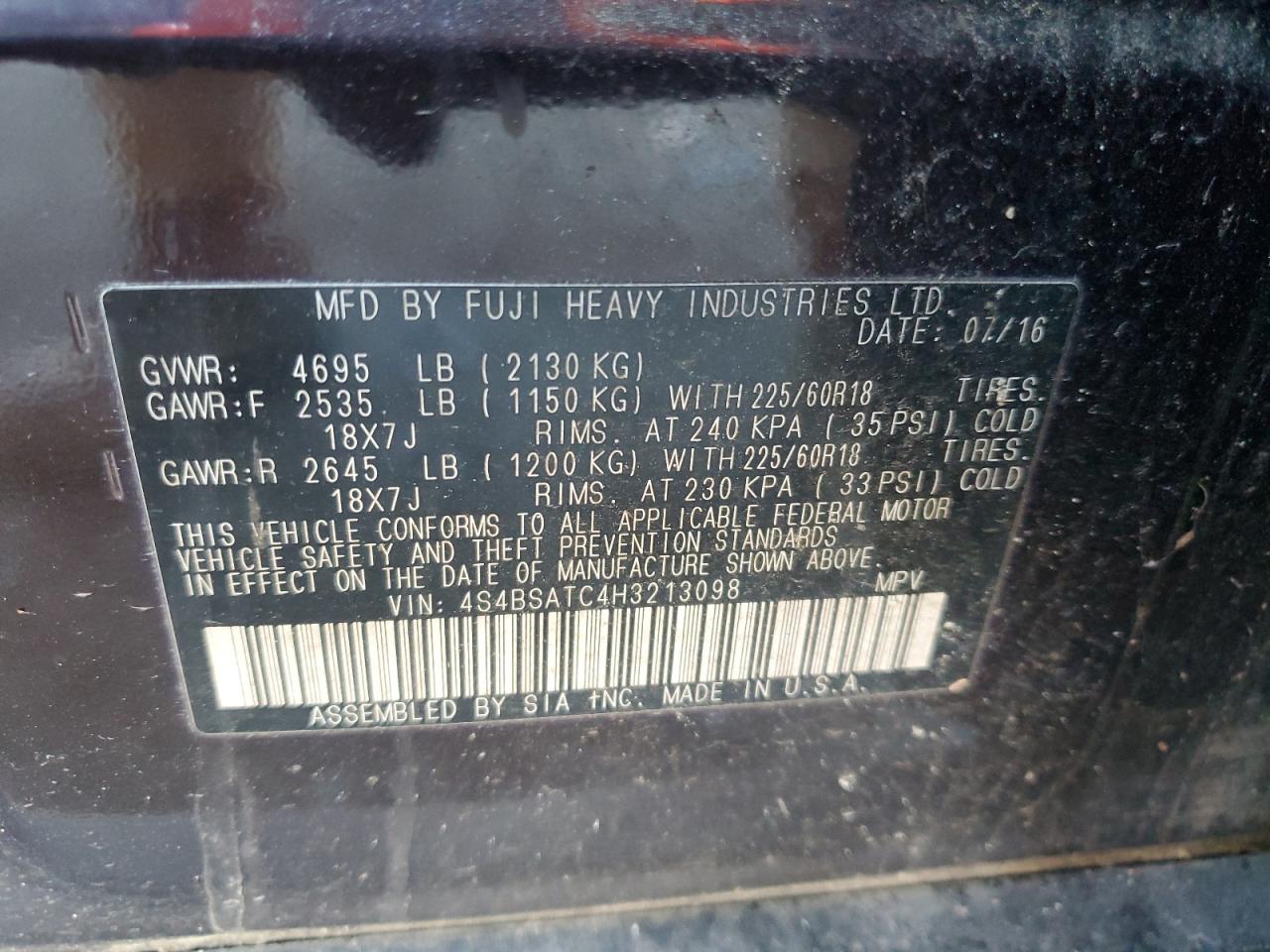 2017 Subaru Outback Touring VIN: 4S4BSATC4H3213098 Lot: 92819435