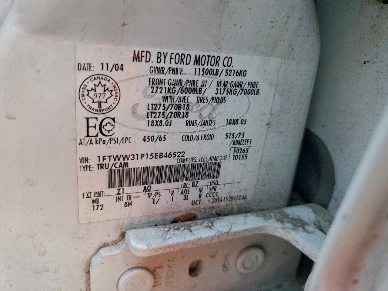 2005 Ford F350 Srw Super Duty VIN: 1FTWW31P15EB46522 Lot: 93310545