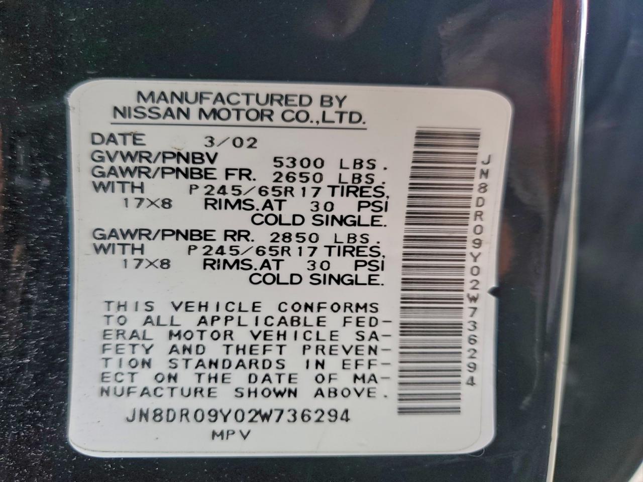 2002 Nissan Pathfinder Le VIN: JN8DR09Y02W736294 Lot: 94176735