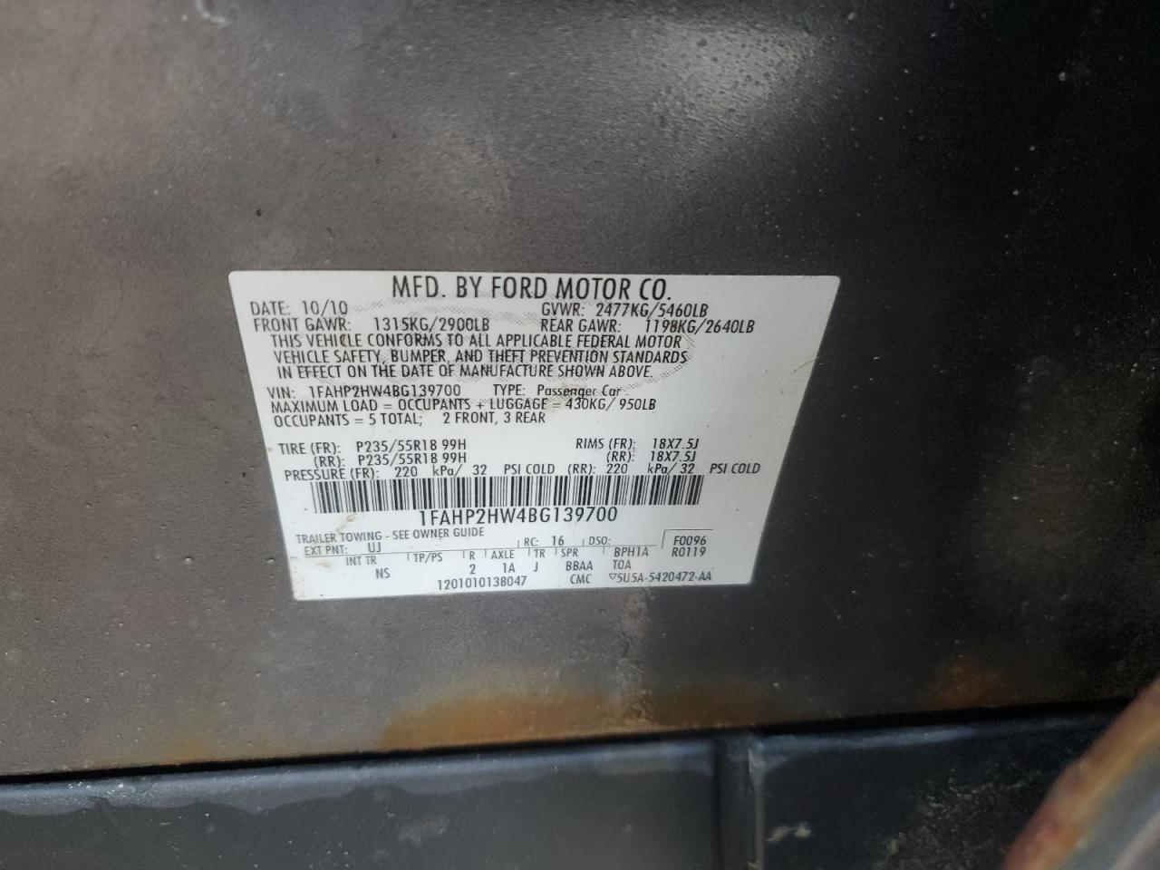 2011 Ford Taurus Sel VIN: 1FAHP2HW4BG139700 Lot: 91470735