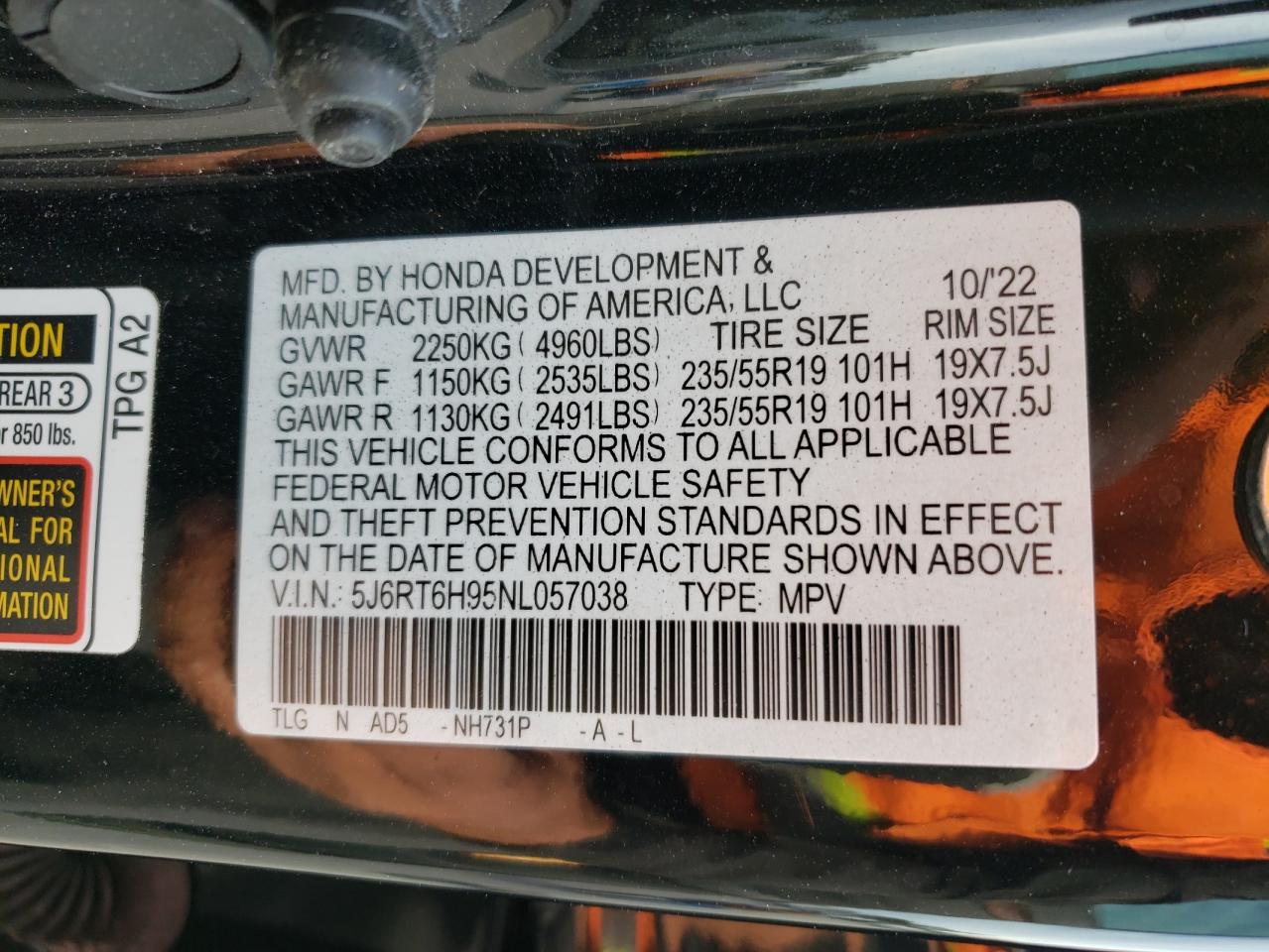 2022 Honda Cr-V Touring VIN: 5J6RT6H95NL057038 Lot: 92888665