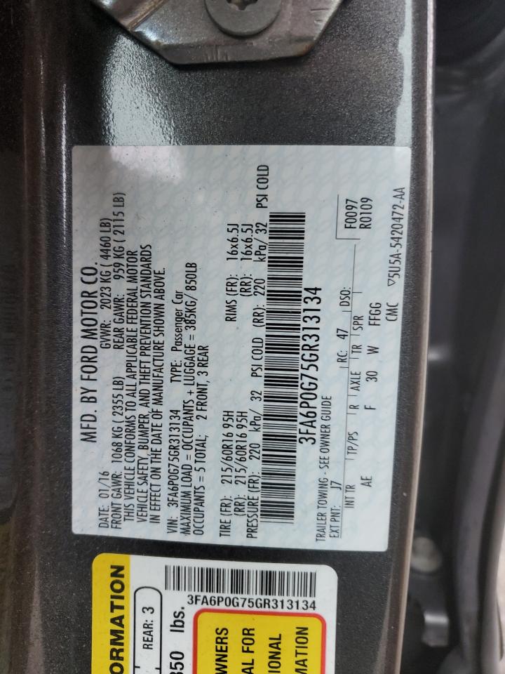 2016 Ford Fusion S VIN: 3FA6P0G75GR313134 Lot: 92857215