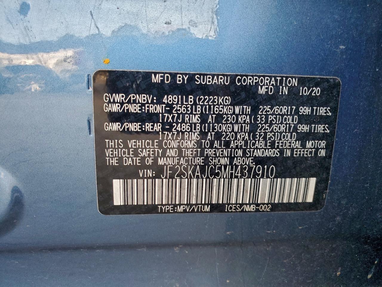 2021 Subaru Forester Premium VIN: JF2SKAJC5MH437910 Lot: 93220215