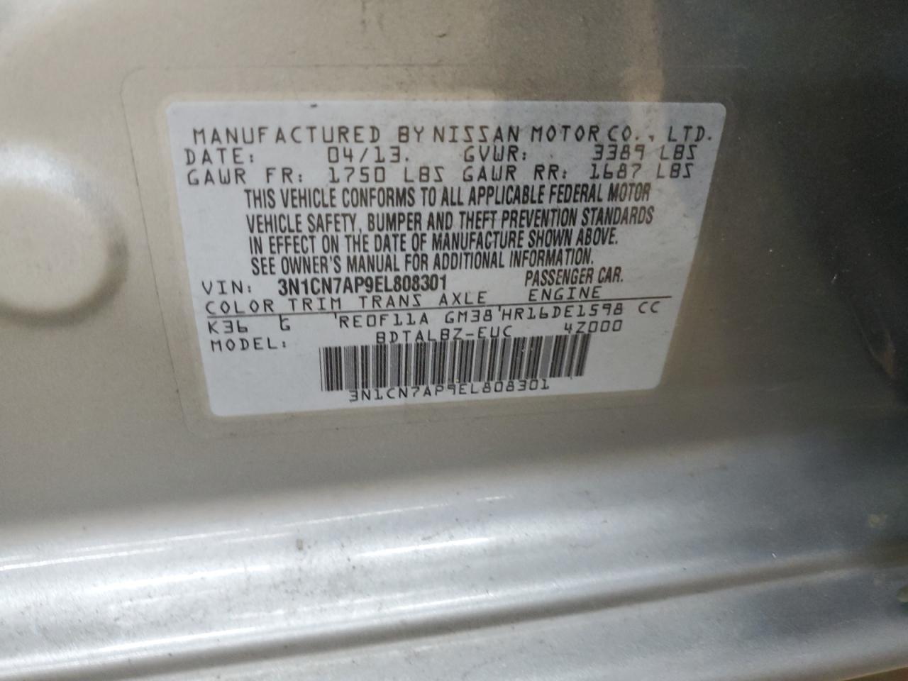 2014 Nissan Versa S VIN: 3N1CN7AP9EL808301 Lot: 91710075