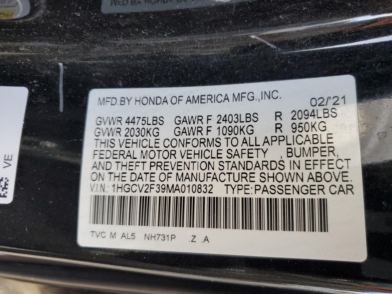 2021 Honda Accord Sport VIN: 1HGCV2F39MA010832 Lot: 91628695