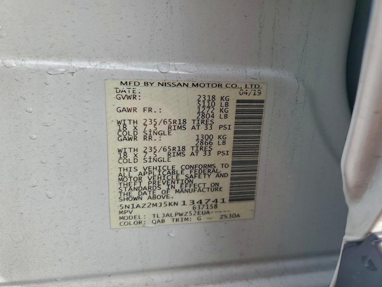 2019 Nissan Murano S VIN: 5N1AZ2MJ5KN134741 Lot: 94144285