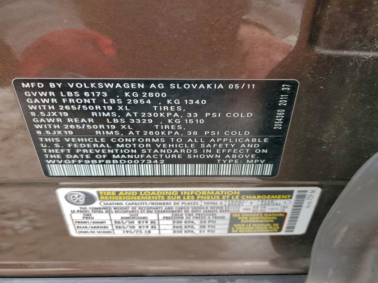 2011 Volkswagen Touareg V6 VIN: WVGFF9BP8BD007342 Lot: 93182655