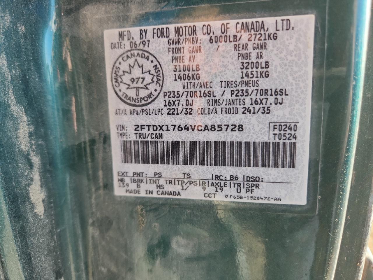 1997 Ford F150 VIN: 2FTDX1764VCA85728 Lot: 85545495