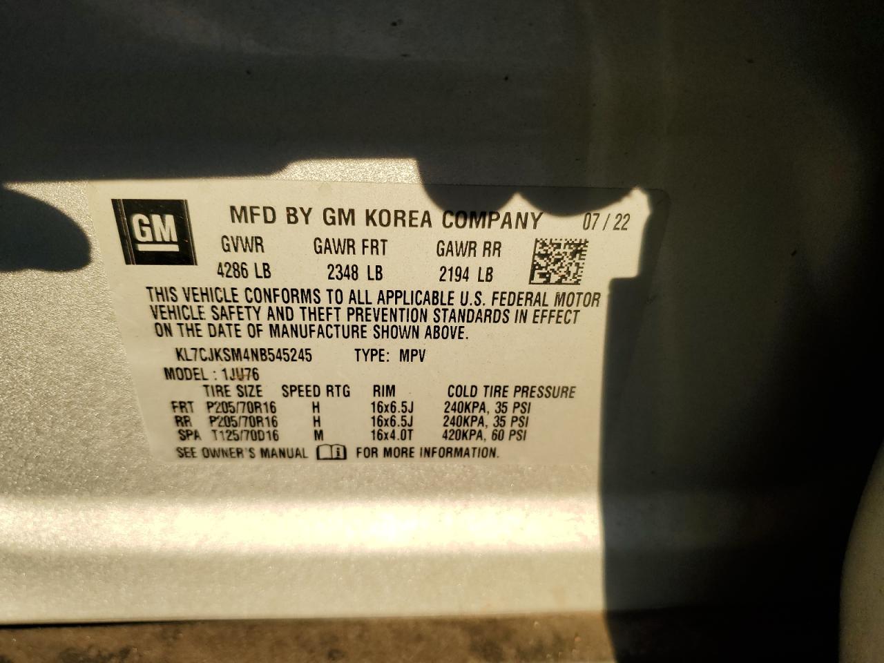 2022 Chevrolet Trax Ls VIN: KL7CJKSM4NB545245 Lot: 92910795