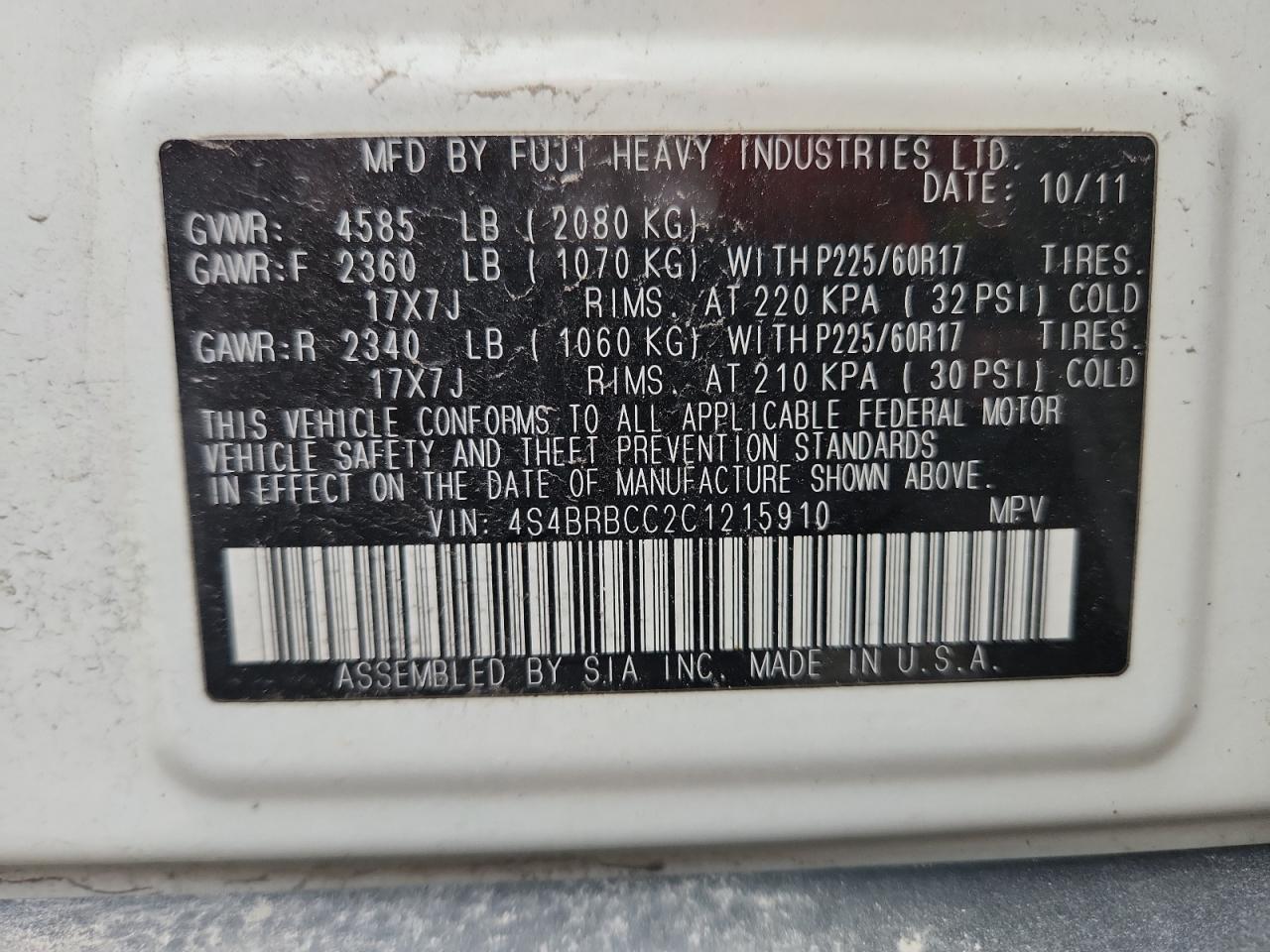 2012 Subaru Outback 2.5I Premium VIN: 4S4BRBCC2C1215910 Lot: 86330745