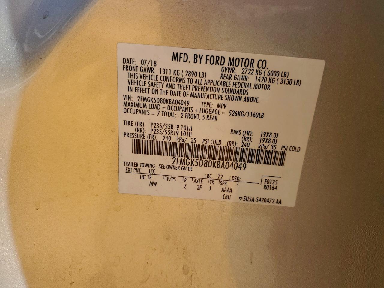 2019 Ford Flex Limited VIN: 2FMGK5D80KBA04049 Lot: 94275525