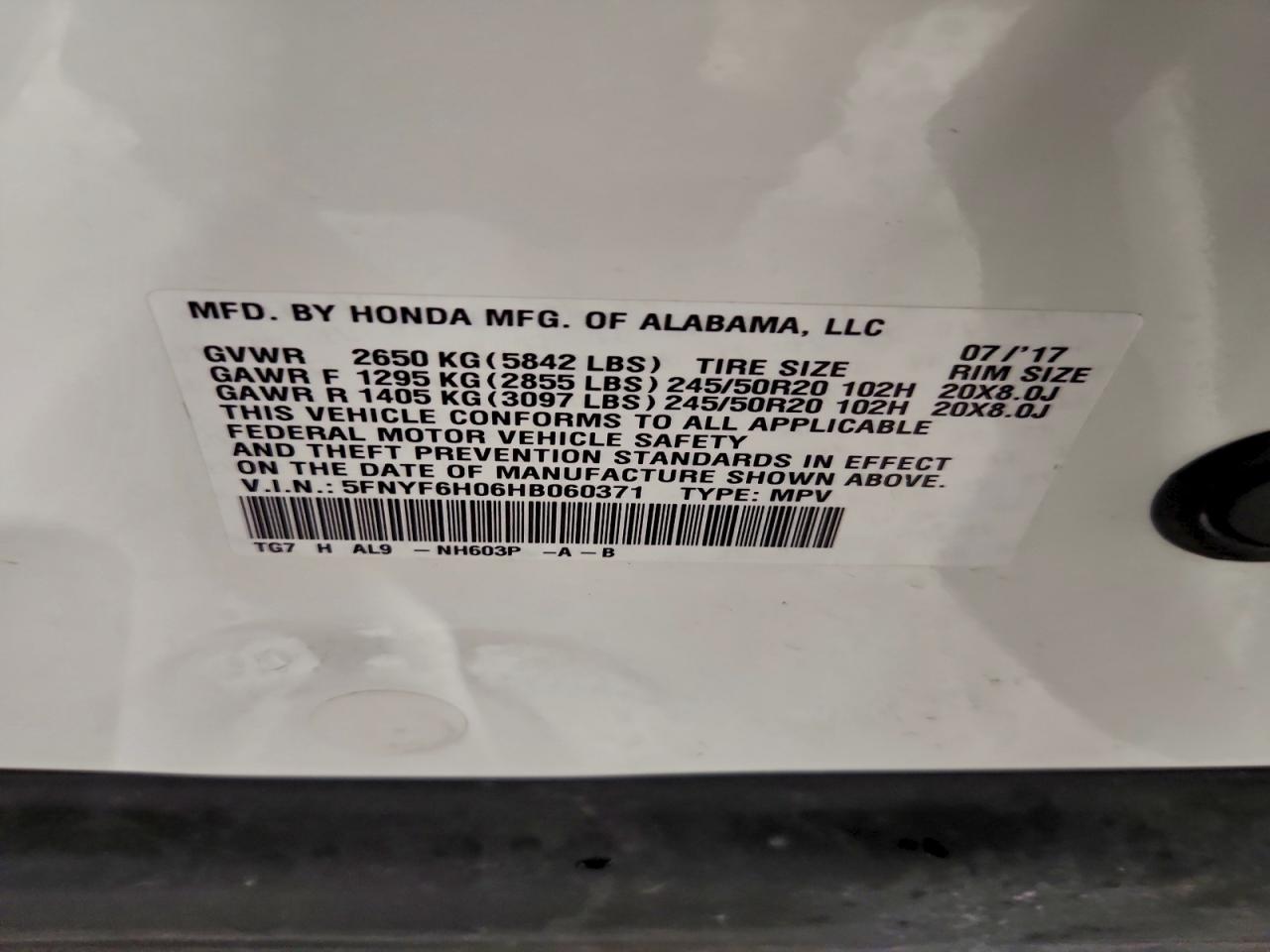 2017 Honda Pilot Elite VIN: 5FNYF6H06HB060371 Lot: 93517525