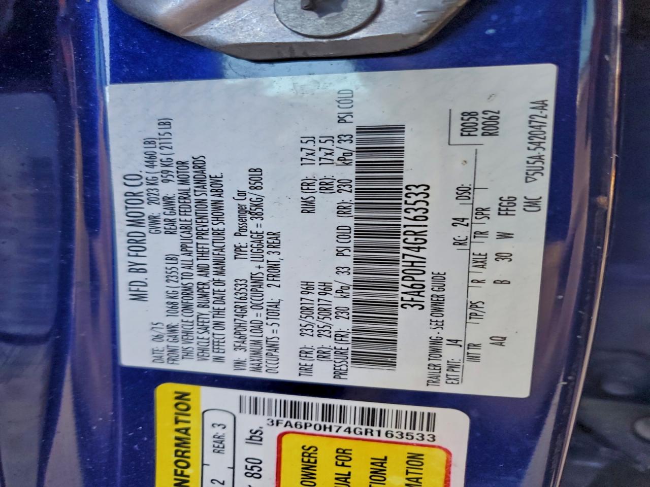 2016 Ford Fusion Se VIN: 3FA6P0H74GR163533 Lot: 94585425