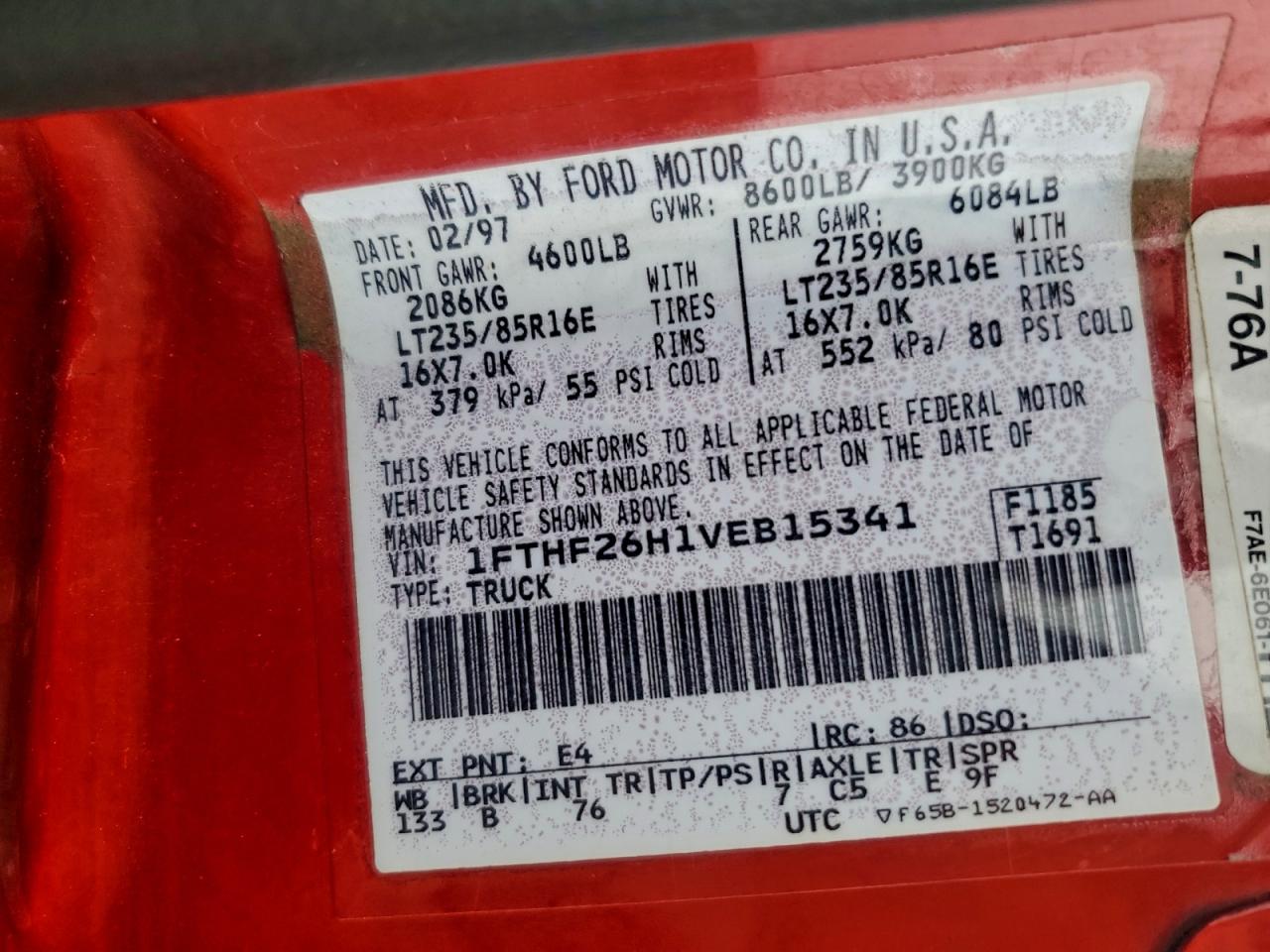 1997 Ford F250 VIN: 1FTHF26H1VEB15341 Lot: 93325905