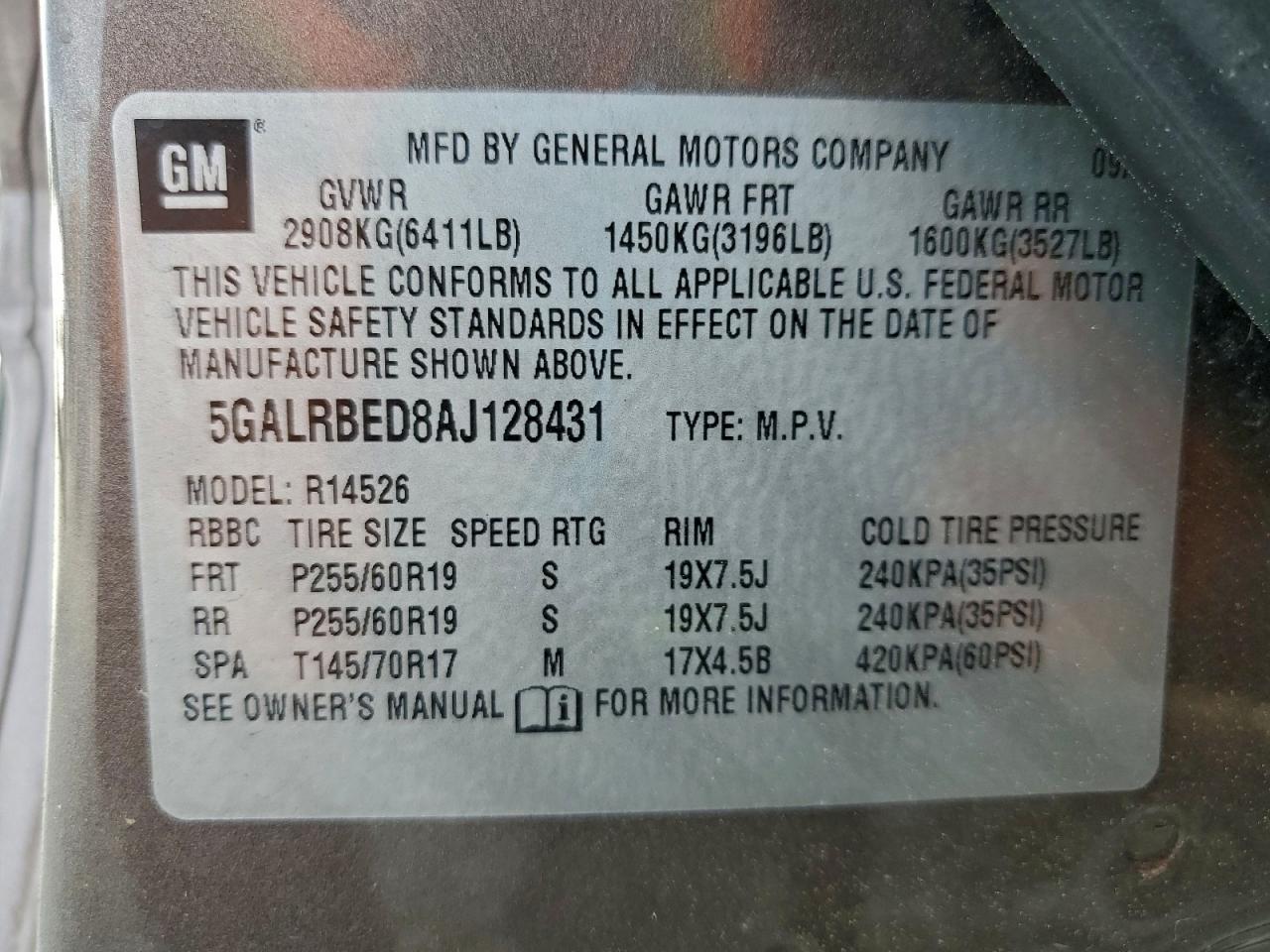 2010 Buick Enclave Cxl VIN: 5GALRBED8AJ128431 Lot: 93559915