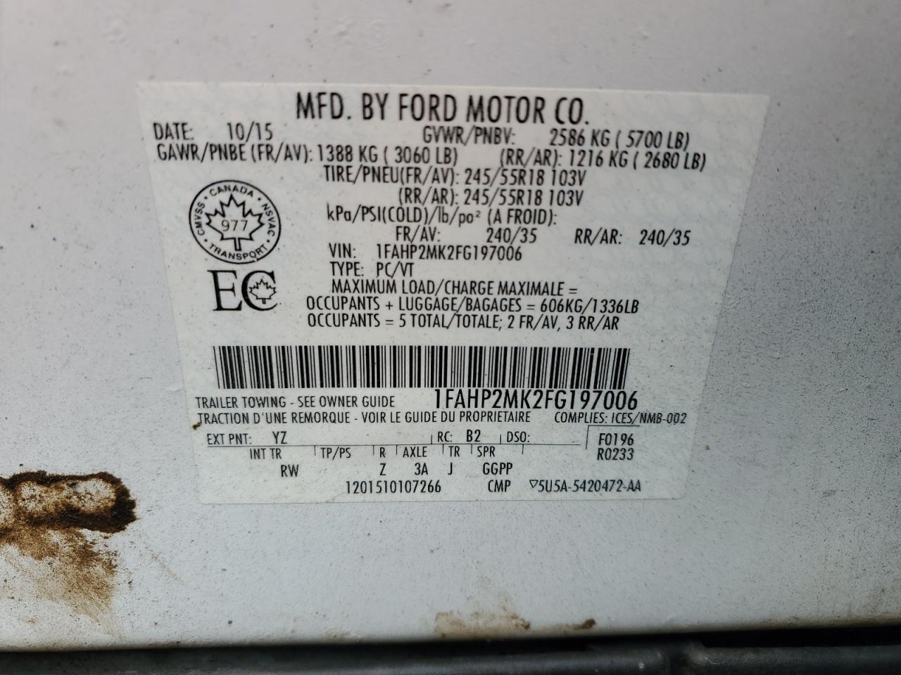 2015 Ford Taurus Police Interceptor VIN: 1FAHP2MK2FG197006 Lot: 92598755