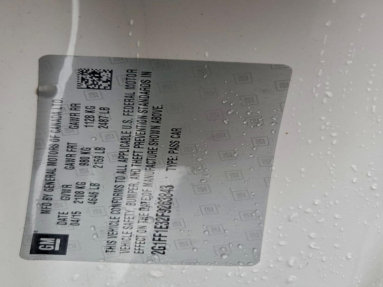 2015 Chevrolet Camaro Lt VIN: 2G1FF1E32F9263843 Lot: 94563655