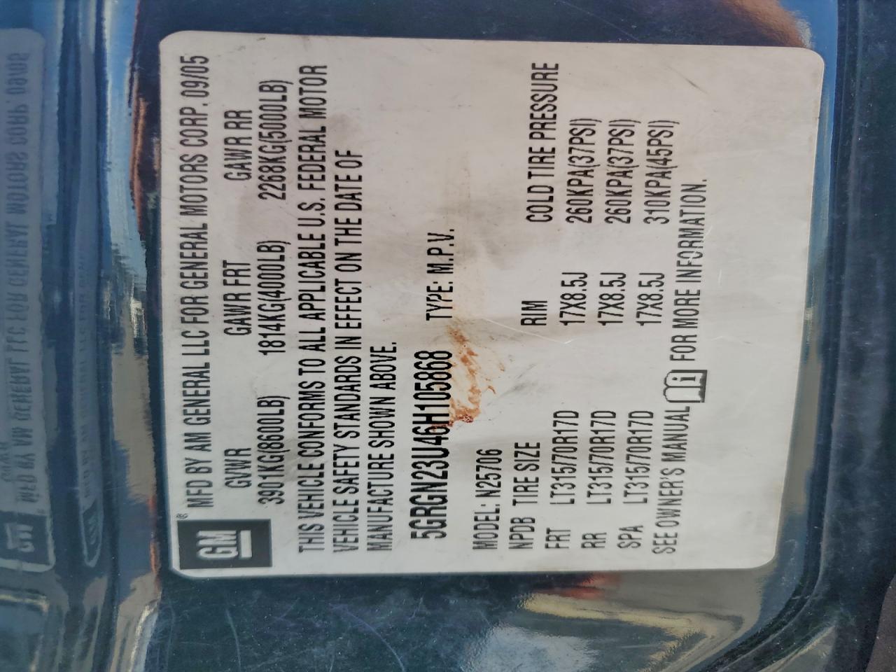 2006 Hummer H2 VIN: 5GRGN23U46H105868 Lot: 94493585